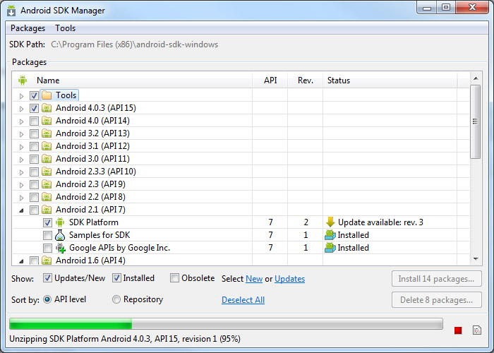 The SDK manager running some updates